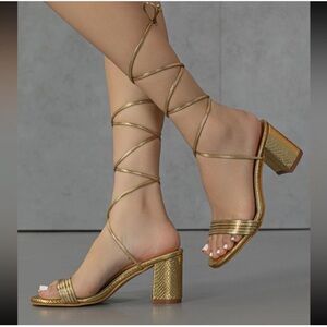 Shein Gold Snakeskin Lace Up Chunky Heels